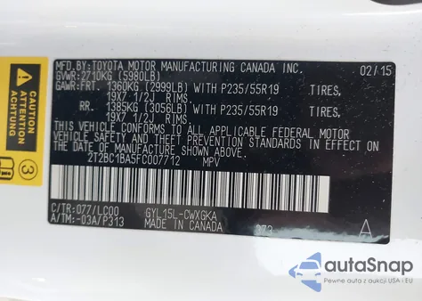 2015 Lexus Rx 450H z USA, uszkodzony, nr VIN 2T2BC1BA5FC007712